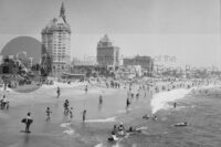 Long beach photograph of families having fun in the water